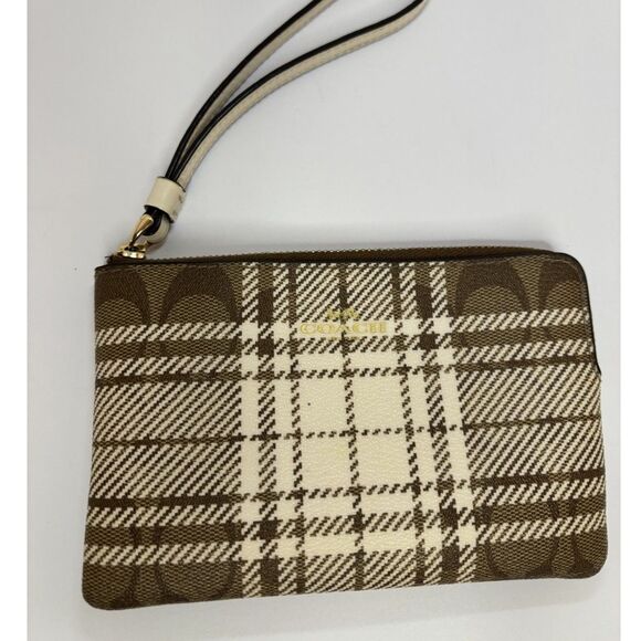 Coach Corner Zip Zip Wallet Wristlet Signature Plaid Khaki Chalk - Picture 2 of 8